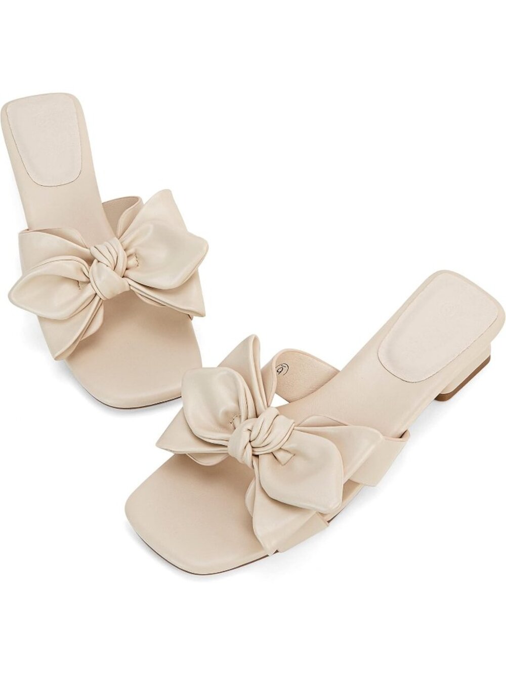 Women's Beige Summer Bow Dressy Low Heel Open Toe Mules Slip on Heeled Sandals